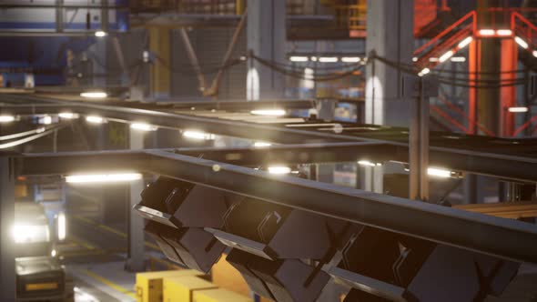 Interior of Car Factory with a Production Line alt