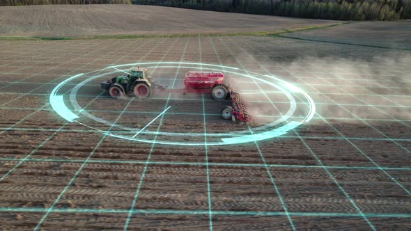 5G autonomous tractor without a driver working the soil before sowing. Futuristic agriculture.