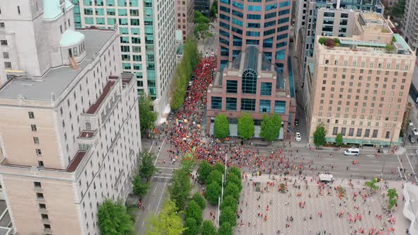 Political Activists Demonstrate for Social Justice in Vancouver BC Canada, Aerial Wide Shot