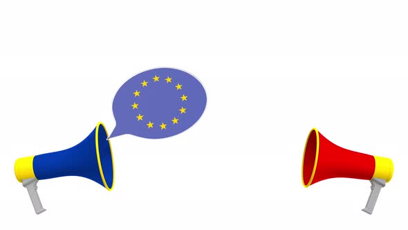 Speech Bubbles with Flags of Germany and the EU and Loudspeakers