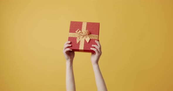 A Gift in a Beautiful Red Box is Thrown and Caught By the Woman's Hands