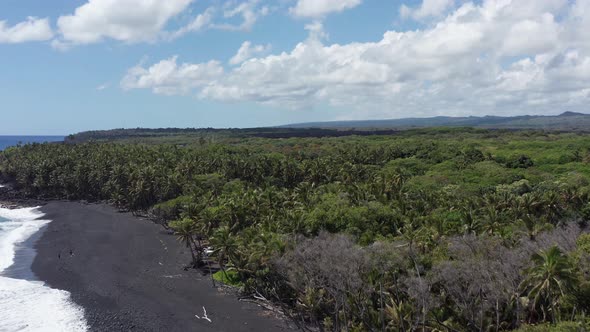 Rising aerial shot flying over a newly formed black sand beach alongside the jungle on the Big Islan