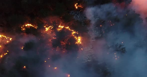 Aerial Panoramic View of a Forest Fire at Night Heavy Smoke Causes Air Pollution and Fire in Full