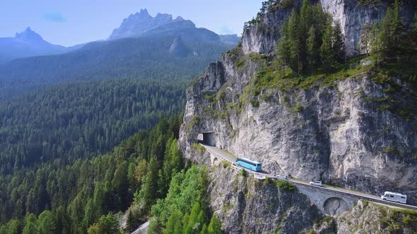 Aerial Drone Flight of an Asphalt Road in the Dolomites Mountains in Italy