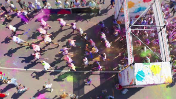 People at the Start To Run Colorful Marathon. Holi Race. Aerial View From Above
