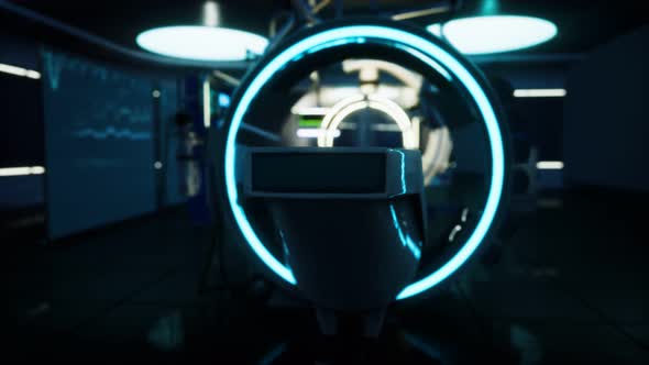 Futuristic Sci Fi MRI Scanner Medical Equipments in Hospital