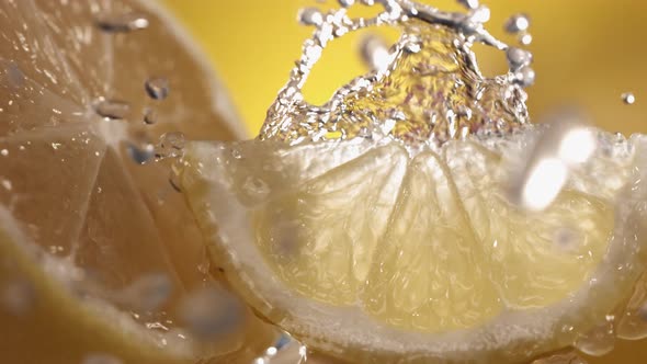 Slow Motion Shot of Lemon and Water Splashing Through Lemon Slices