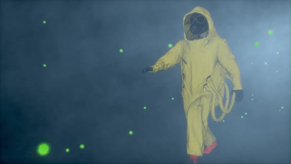 Man in a Yellow Hazmat Suit Walks Through Futuristic Viruses