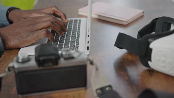 African American Typing on White Keyboard  Remote Work Concept