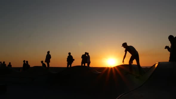 Silhouette of Young Jumping Skateboarder Riding Longboard, Summer Sunset Background. Venice Ocean