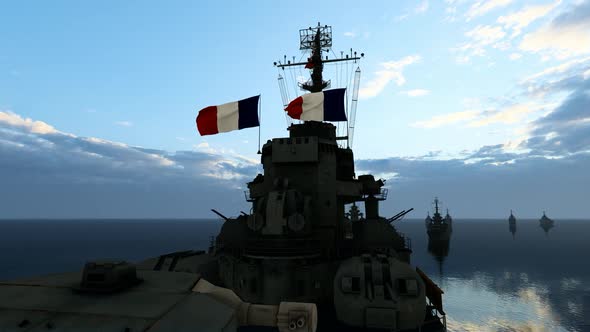 French Warship Facing Enemy Warships