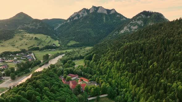 Aerial view of Trzy Korony mountain in Pieniny, Poland - Sunset