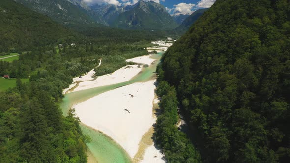 Drone Flight Over River In Julian Alps