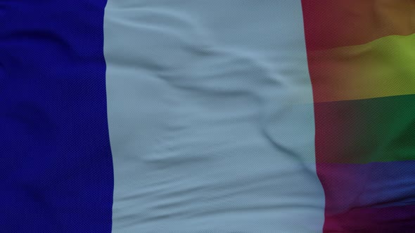 Waving National Flag of France and LGBT Rainbow Flag Background