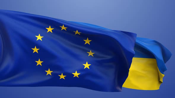 Europe and Ukraine flags flutters together