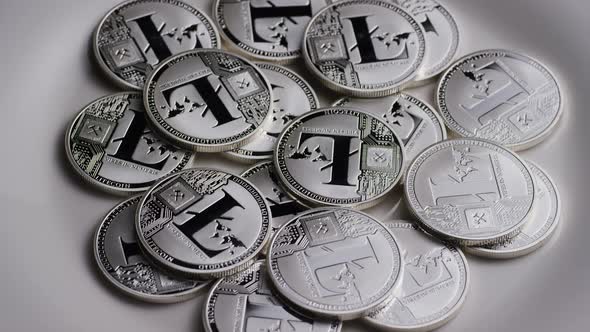 Rotating shot of Litecoin Bitcoins (digital cryptocurrency) - BITCOIN LITECOIN 0174