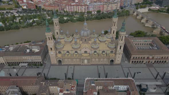 Aerial View of a Gorgeous Cathedral Near the River in Valencia Historical