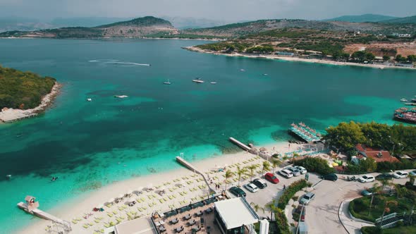 Aerial View Exotic Beach with Turquoise Water in Albania Ksamil Islands