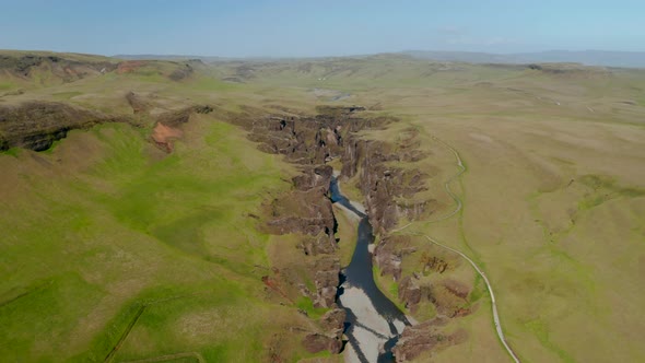 Birds Eye View of Fjadra River Flowing Through 100 Meters Deep Fjadrargljufur Canyon