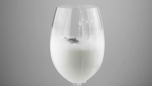 A glass into which white milk is poured on a gray background. Milk in a glass close-up