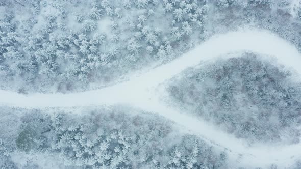 AERIAL - Roads around a snowy forest in Sweden, wide shot top down pan right