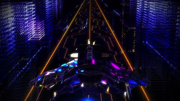 Futuristic Starship is Gliding Through the Digital Space in the Virtual Reality alt