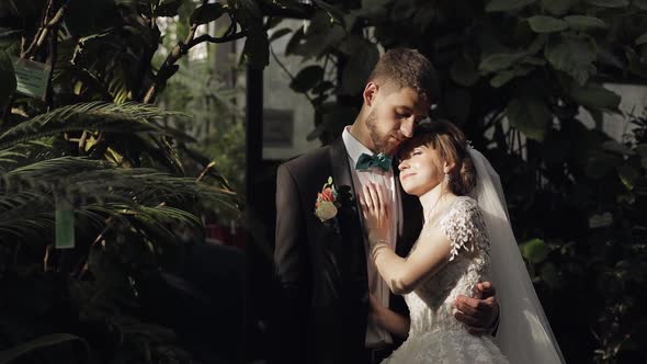 Newlyweds. Caucasian Groom with Bride in the Park. Wedding Couple. Happy Family