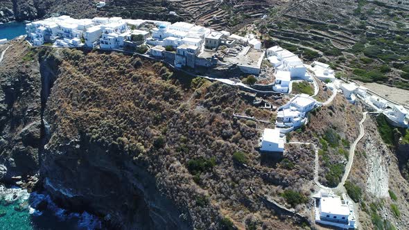 Kastro Sifnou beach on Sifnos island in cyclades in Greece from the sky