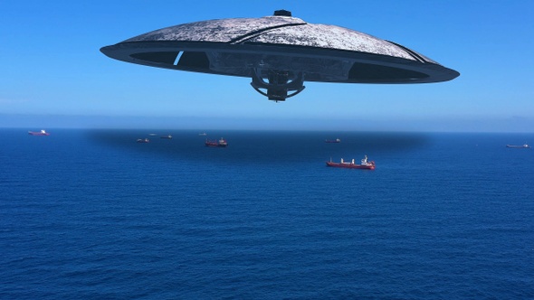 Alien ufo Saucers spacecraft flying over sea With Cargo Ships