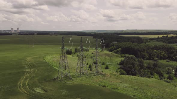 Transmission tower, power tower or electricity pylon. High-voltage powerline