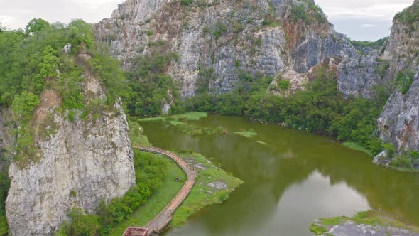 Aerial view of Khao Ngu Stone. National park with river lake, mountain valley hills