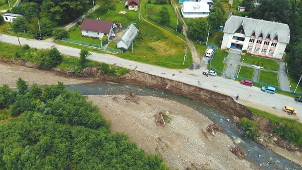 Aerial View Road in the Village Which Was Destroyed By a Flood on the River. The Asphalt Road Which