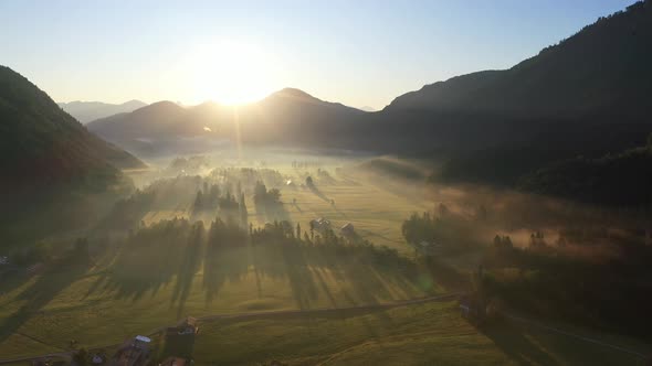 Sunrise with ground fog, Jachenau, Bavaria, Germany