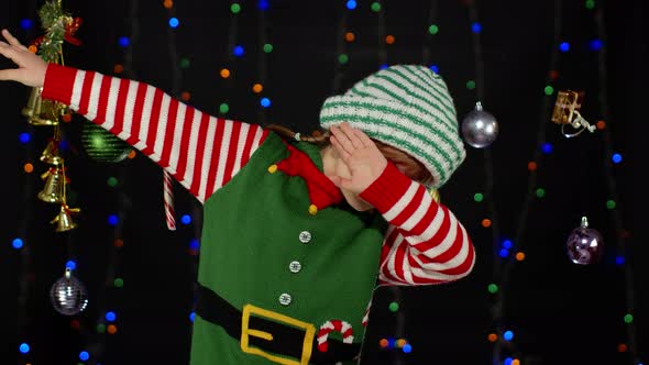 Teen Kid Girl Christmas Elf Santa Claus Helper Costume Dancing Showing DAB Dance Gesture