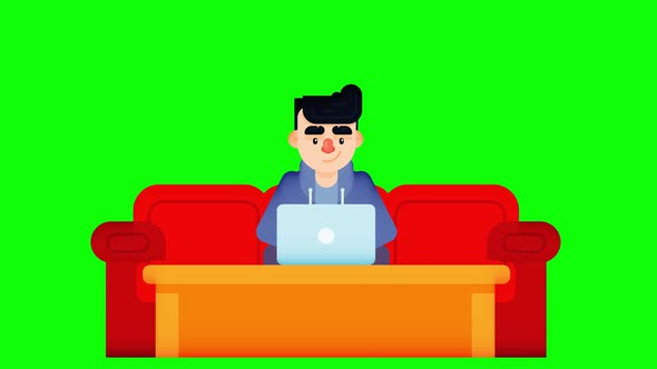 Animation of boy using laptop with long arm sofa and table.