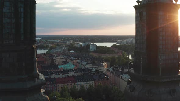 Flying through church towers in Stockholm, Sweden