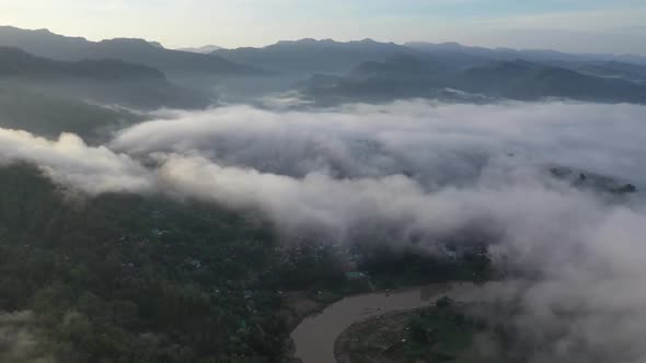 Aerial view of mountain landscape with clouds, Chittagong, Bangladesh.