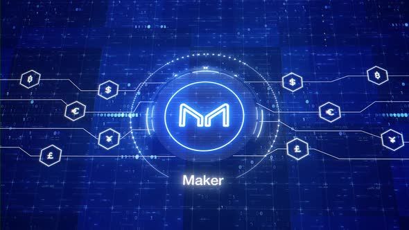 Maker animated logo. Makercryptocurrency logo. MKR intro in digital world. Animation of maker crypto
