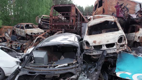 Irpin Bucha District Ukraine a Dump of Shot and Burned Cars