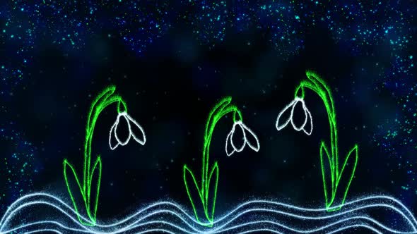 Spring Background With Growing Snowdrops And Shiny Particles