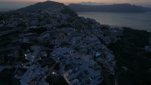 Aerial View Flying Over City of Oia on Santorini Greece