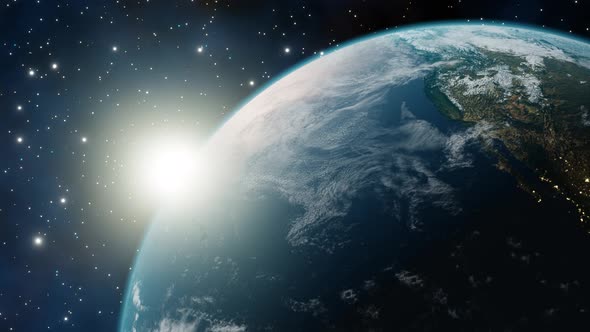 Sunrise from outer space. Beautiful 3d planet earth animation. Concept of climate change