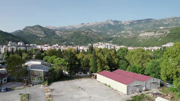 Panoramic Aerial View of Budva City Montenegro Landscape Mountain Range Summer