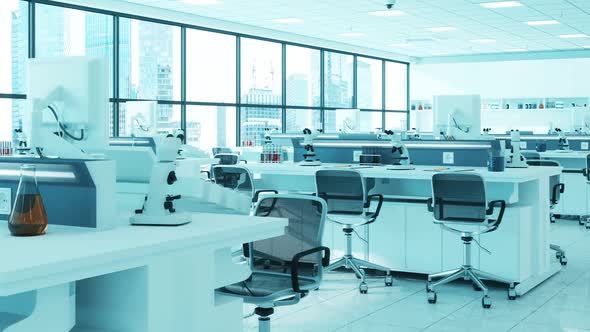 Modern Empty Science Laboratory With White Desks, Microscopes, Scientific Equipments And Cityscape F