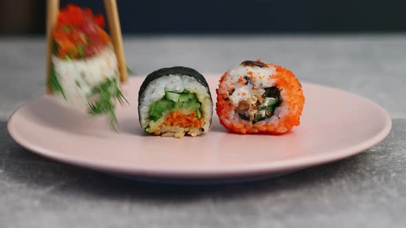 A Typical Japanese Dish Is Sushi Rice Rolls and Toppings of Various Seafood and Fresh Vegetables