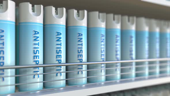 Generic Antiseptic Spray Cans on a Store Shelf