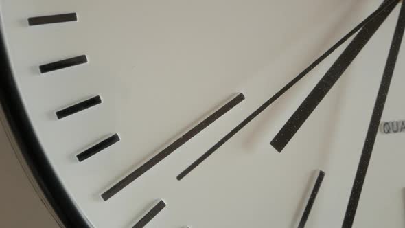 Stuck Second Hand Of A Broken White Wall Clock Ticks Repeatedly, Close Up Shot
