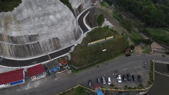 Aerial view of the Sermo reservoir in the late afternoon, the largest reservoir in Yogyakarta and th