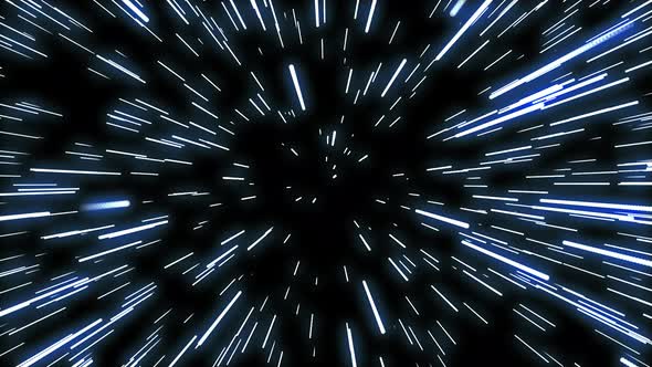 Hyperspace jump in blue through the stars to a distant space animation. alt