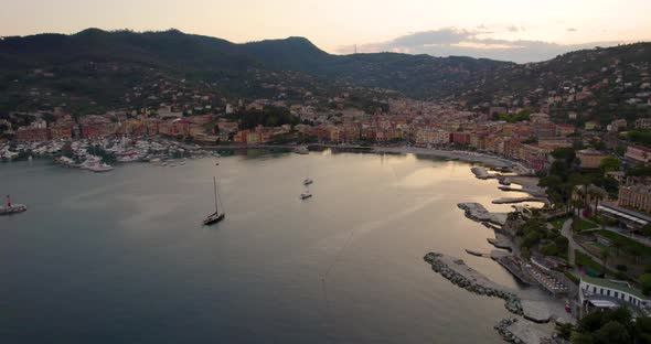 Coastline City of Santa Margherita Ligure in Genoa, Italy at Sunset, Aerial